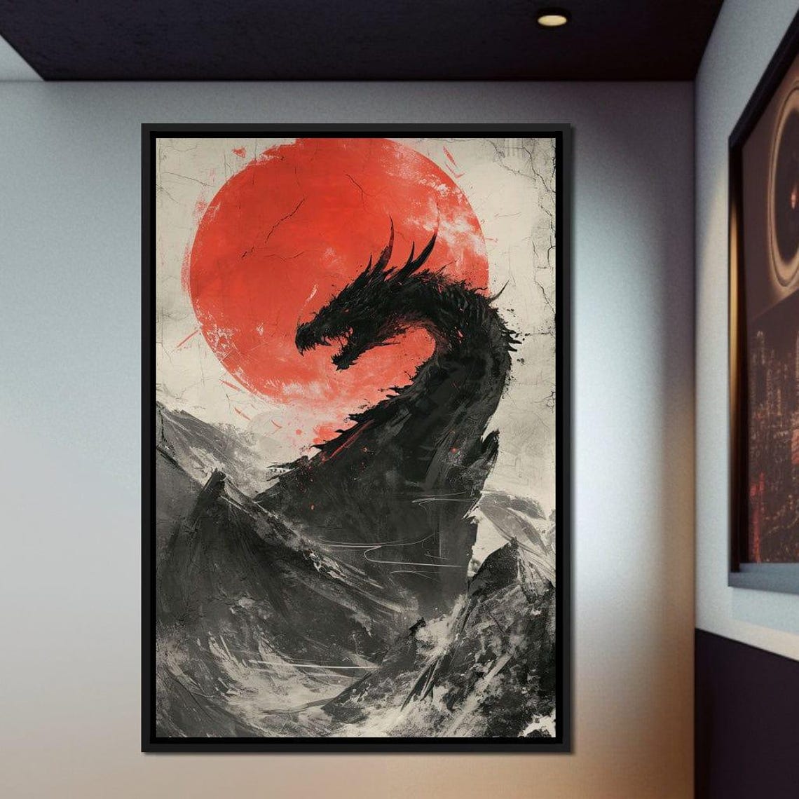 Black Dragon Red Sun Japanese Ink Fantasy Warrior Wall Poster