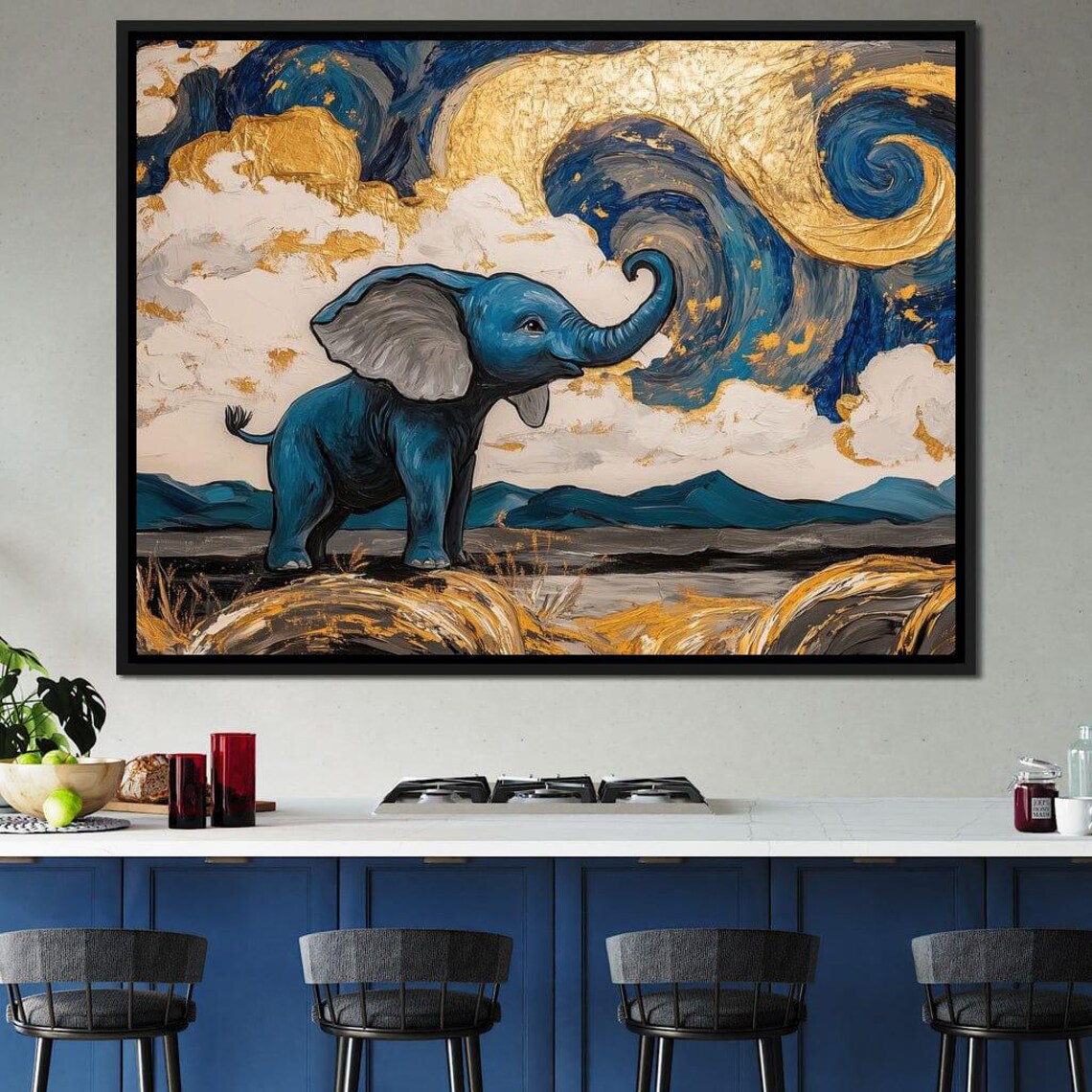 Blue Baby Elephant Starry Night Gold Swirl Sky Whimsical Wall Art Poster - Image 2