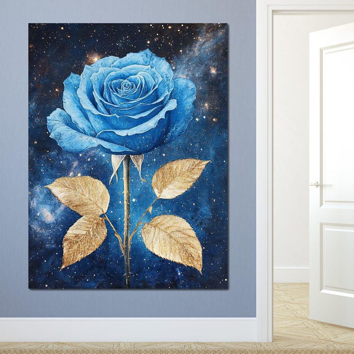 Blue Rose Gold Leaves Galaxy Starry Night Cosmic Botanical Art Poster - Image 2