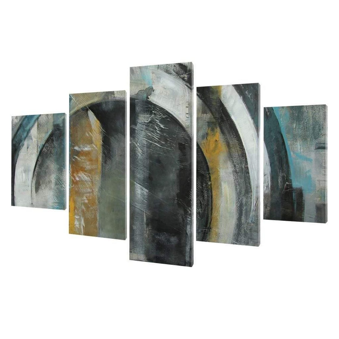 Grey White Ochre Concentric Circles Five Panel Abstract Wall Art - Image 3
