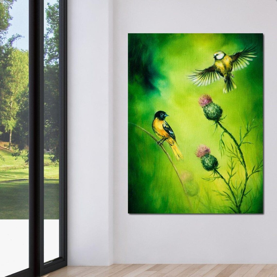 Emerald Songbirds Vibrant Green Nature Pair Of Birds Flying Wall Art - Image 4