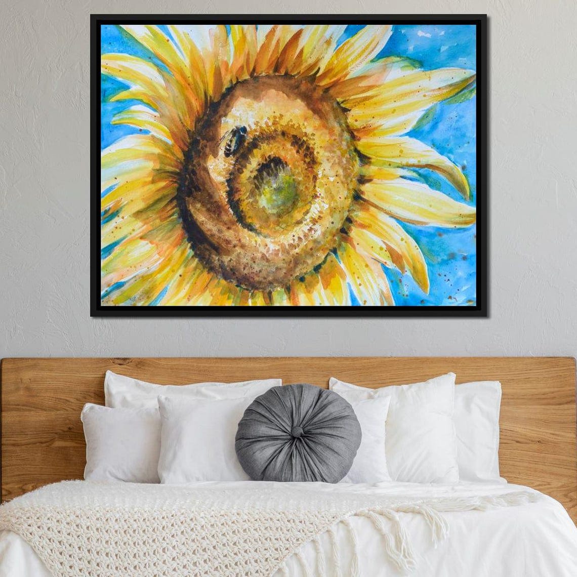 Yellow Sunflower Blue Sky Watercolor Botanical Macro Flower Print - Image 2