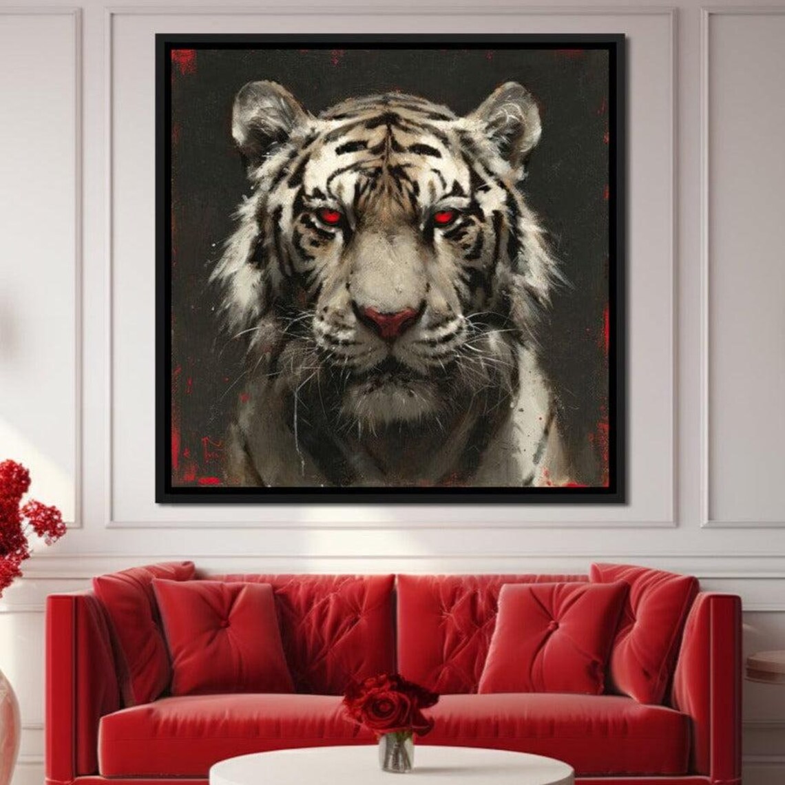 White Tiger Red Eyes Fierce Wildlife Portrait Dark Dramatic Animal Wall Poster