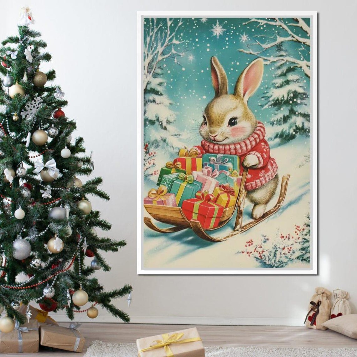 Christmas Bunny Red Sweater Sled of Gifts Snowy Scene Holiday Art Print - Image 4