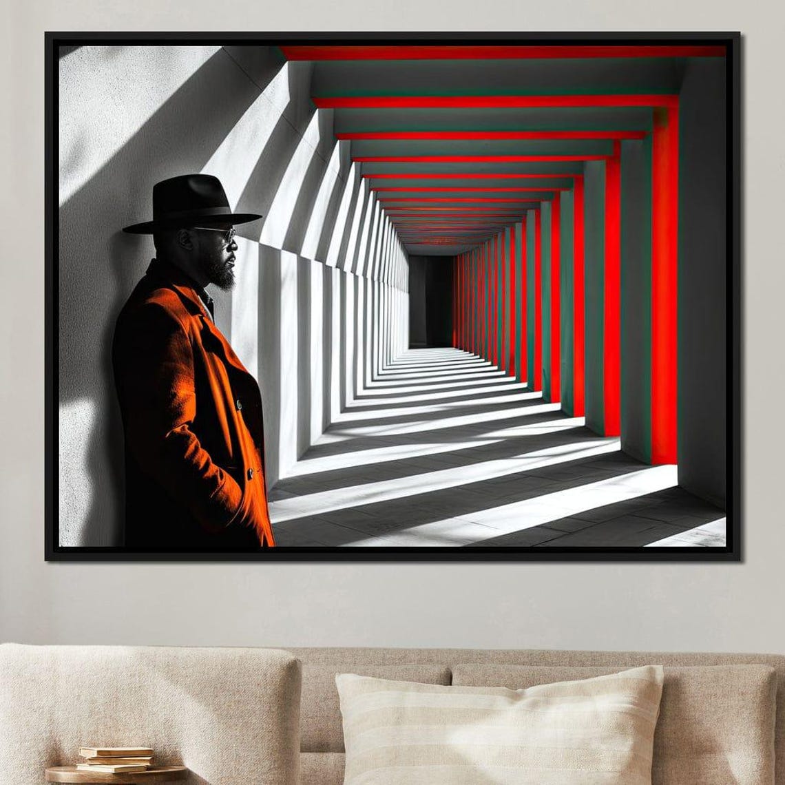 Red Shadows Gentleman Fedora Coat Geometric Corridor Art Poster