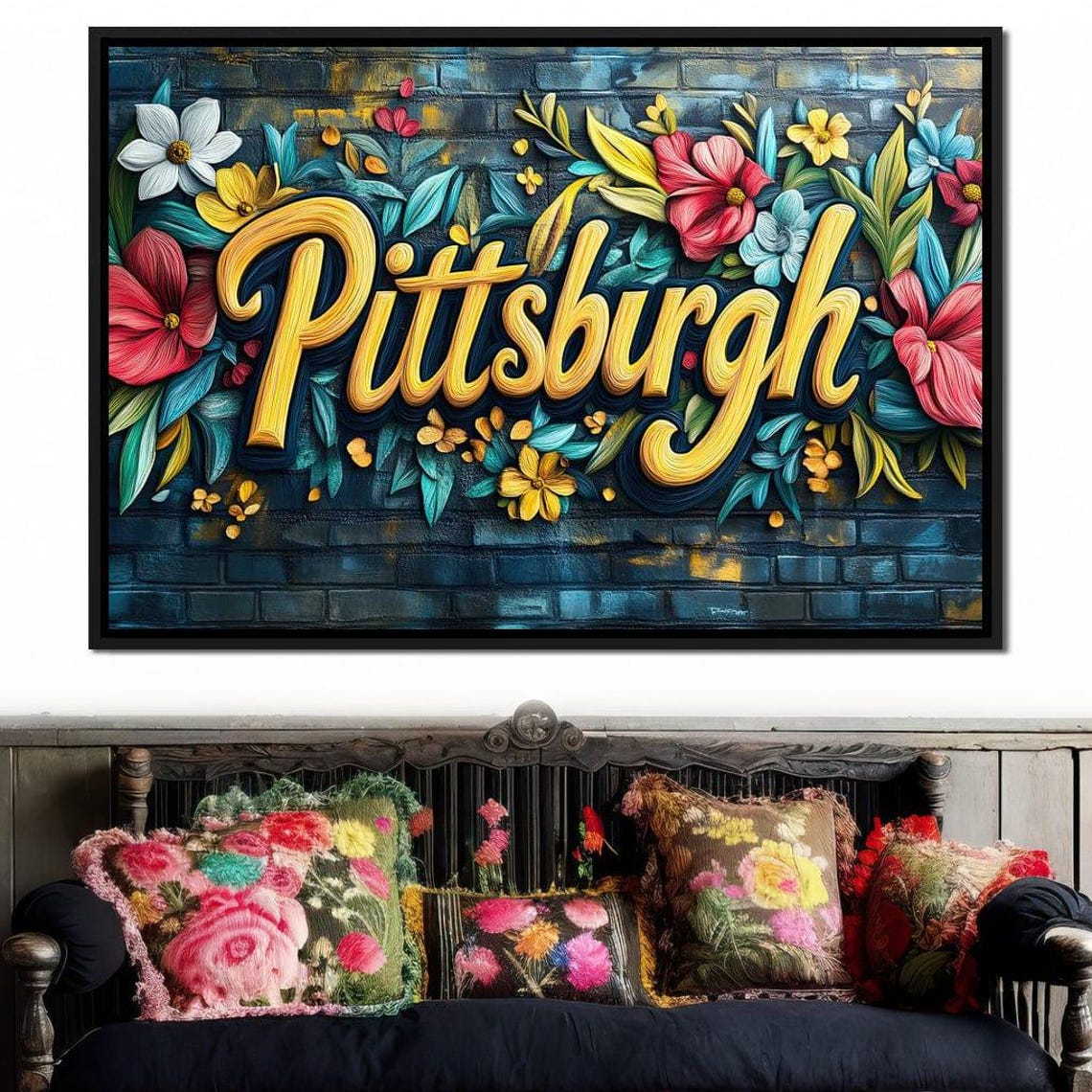 Pittsburgh Yellow Script Floral Mural on Teal Brick Wall Art Poster - Image 2