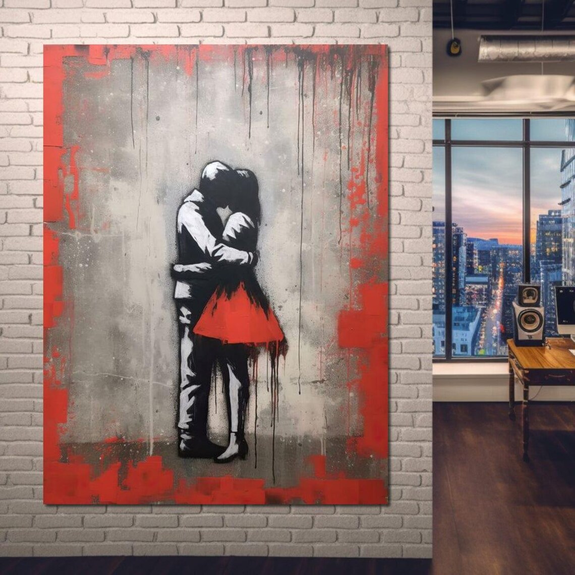 Urban Couple Embrace Stencil Street Art Red Gray Love Wall Poster - Image 2