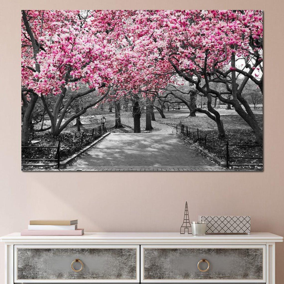 Pink Blossoms On Park Path Selective Color Spring Floral Art Print - Image 4