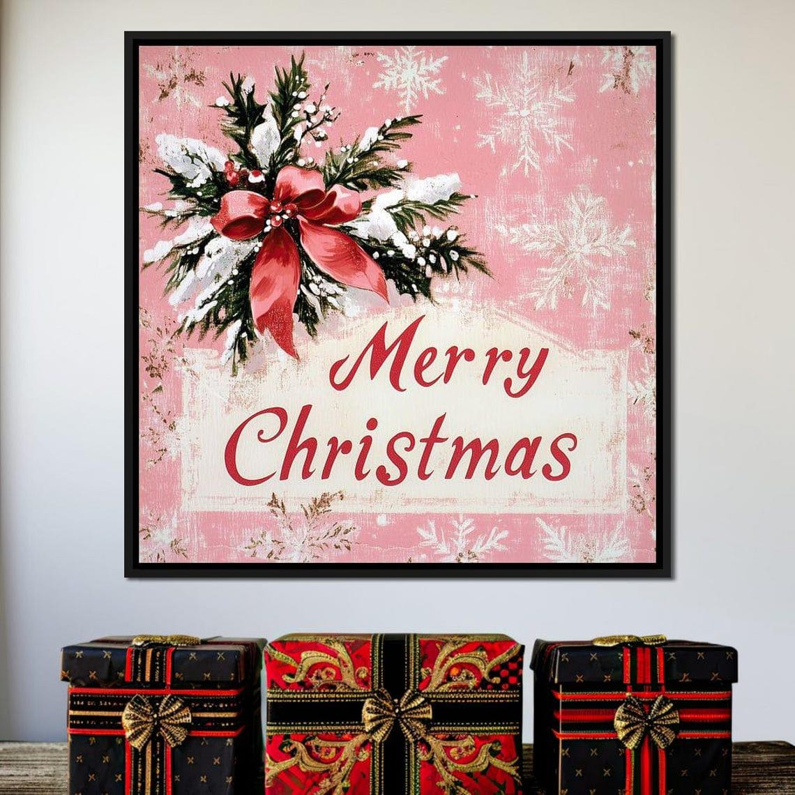 Merry Christmas Pink Retro Sign With Snowy Pine Bouquet Art Poster