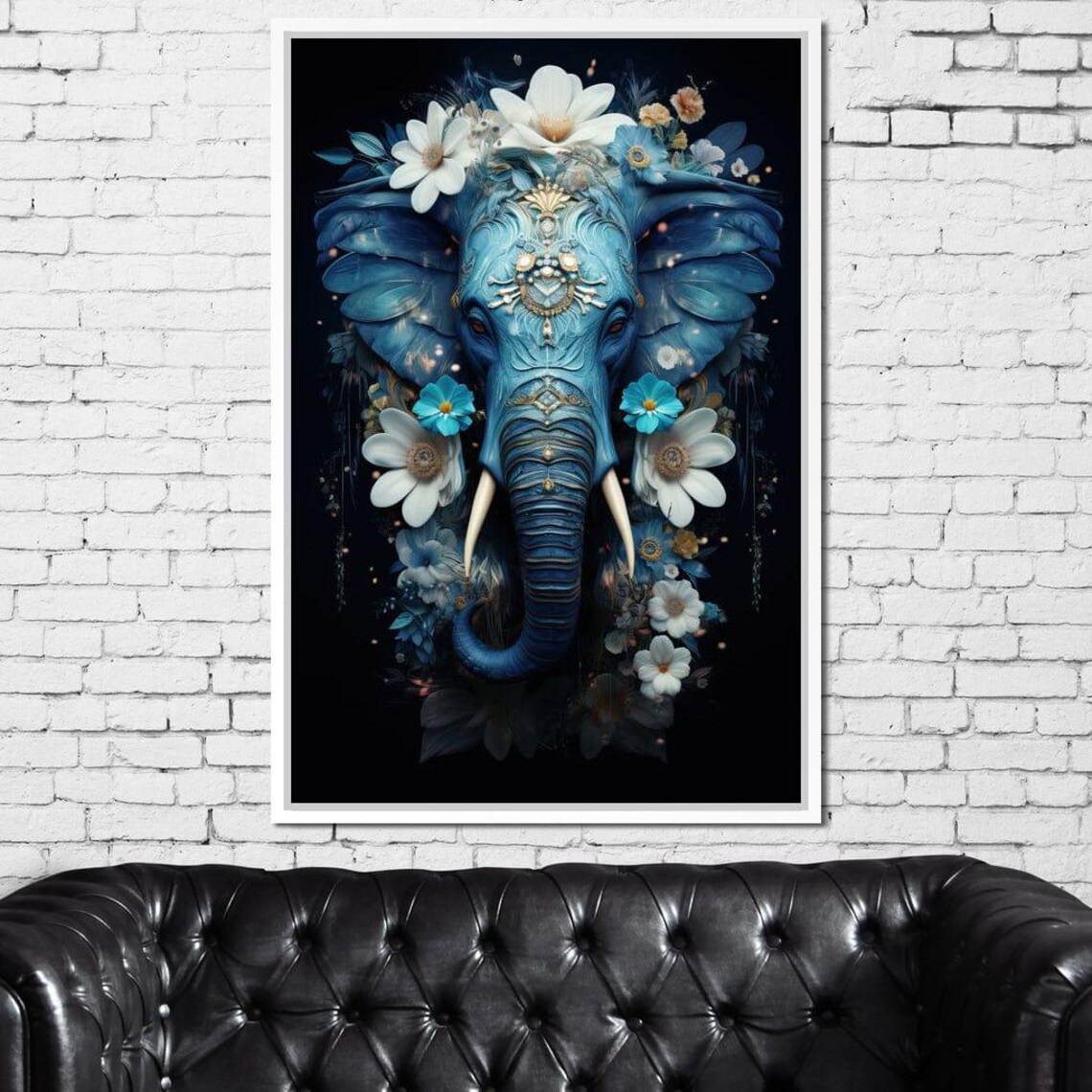 Blue Elephant Head Floral Boho Spiritual Mystical Colorful Animal Art Poster - Image 2