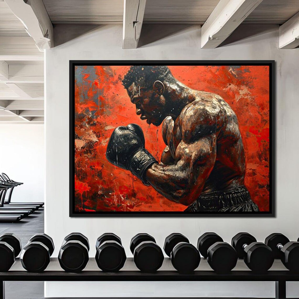 Powerful Boxer Fighting Stance Red Motivational Sports Gym Art Poster