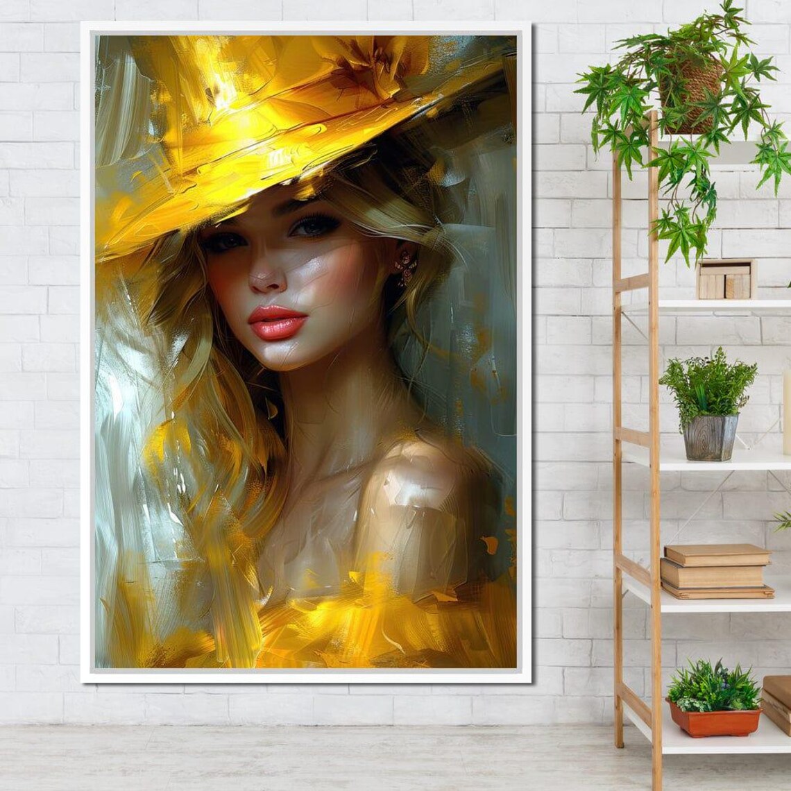 Golden Hat Beauty Sunlit Blonde Elegant Oil Portrait Wall Art - Image 3