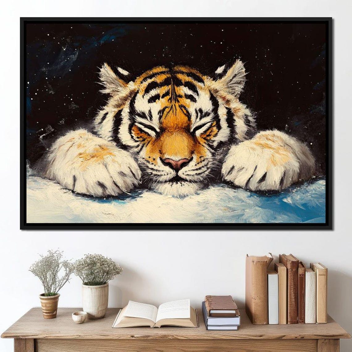 Sleeping Tiger Lying In Fresh Snow Under A Starry Night Poster