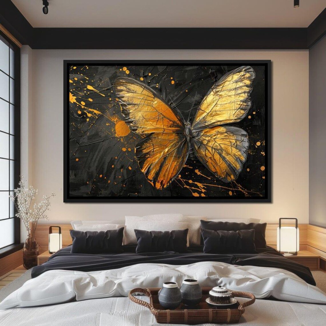 Golden Butterfly Black Background Gilded Wings Luxury Modern Wall Art - Image 3