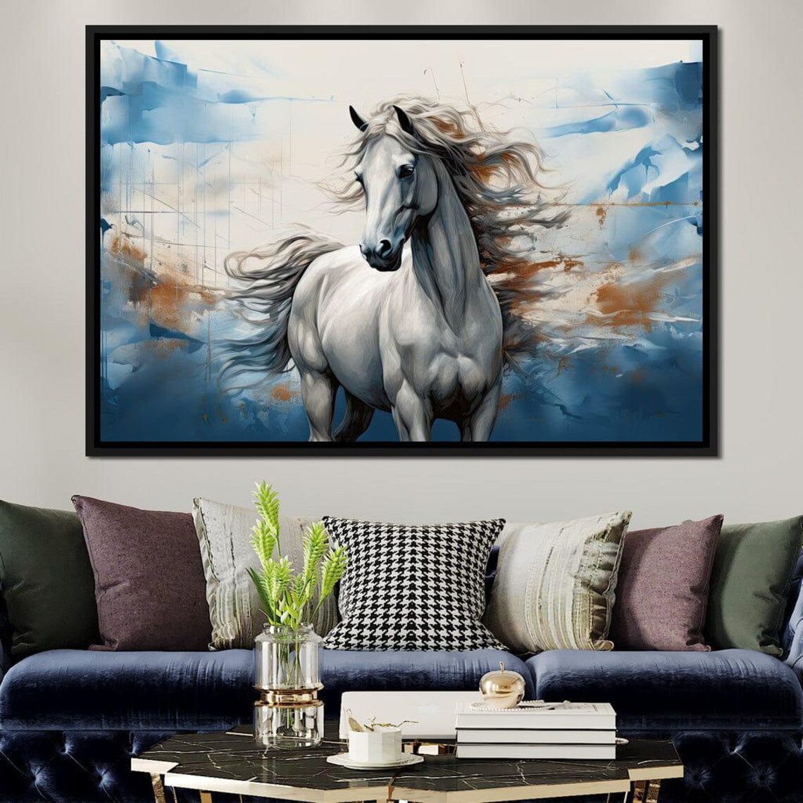 Majestic White Horse Flowing Mane Blue Abstract Equestrian Poster - Image 4
