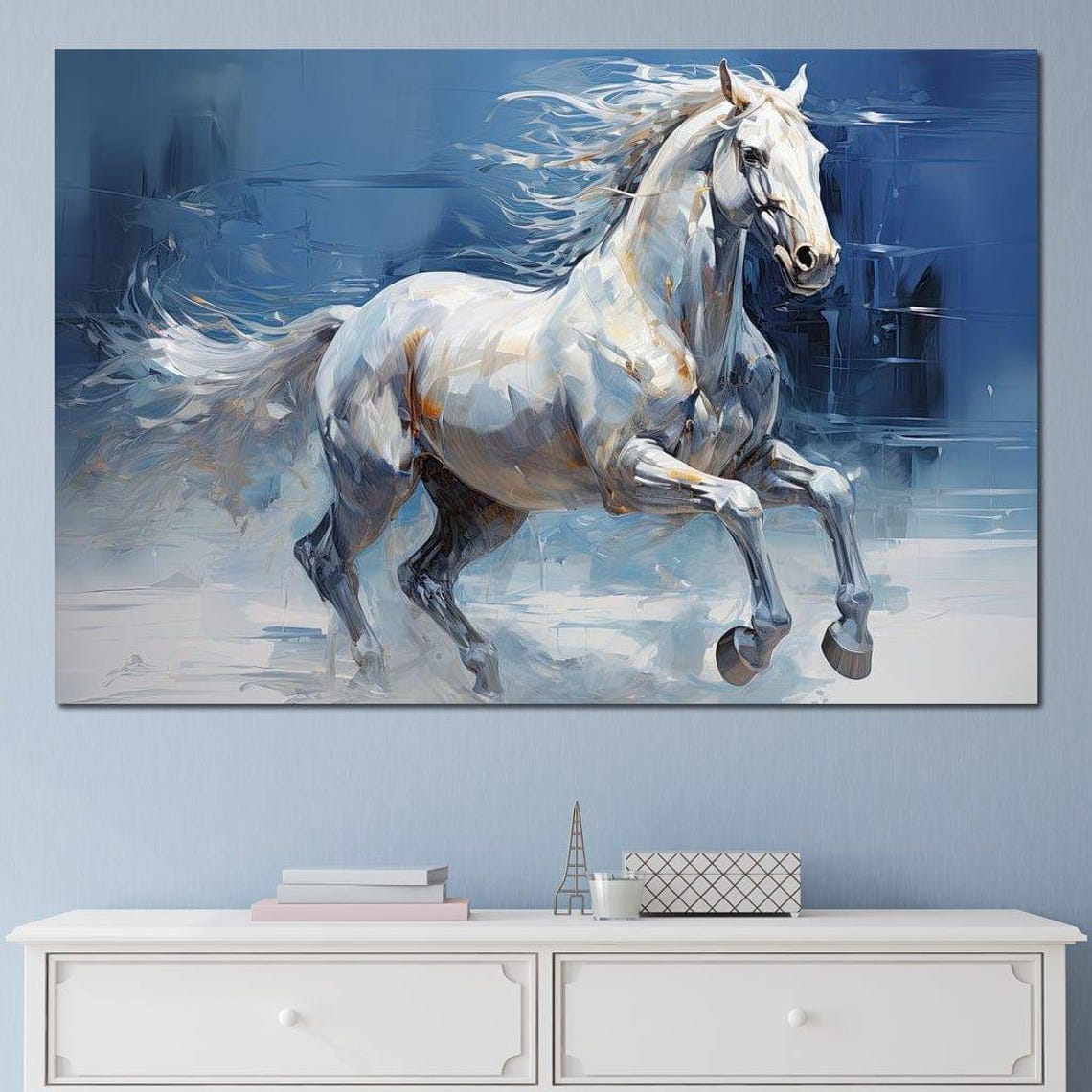 White Horse Galloping Sapphire Winter Wind Majestic Equine Art Poster - Image 4