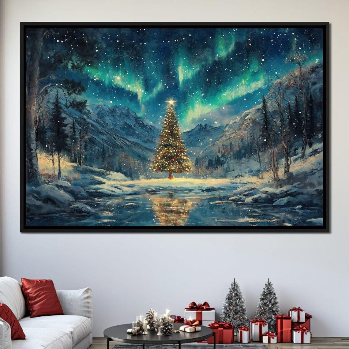 Lit Christmas Tree Under Aurora Northern Lights Mountains Poster - Image 3