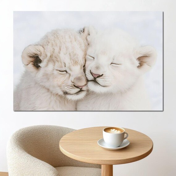 Two White Lion Cubs Cuddling Soft Nursery Wildlife Baby Animals Wall Art Print