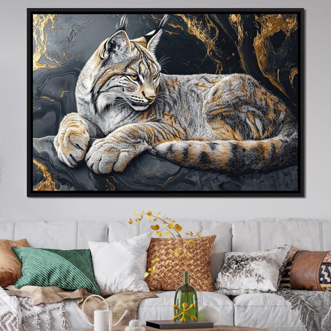 Resting Lynx Gold Marble Wildcat Detailed Elegant Wildlife Art Poster - Image 3