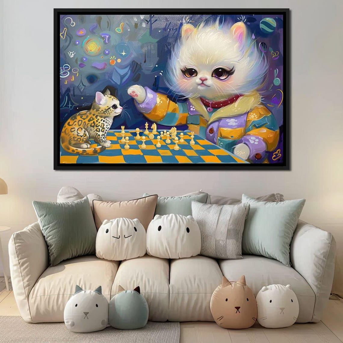 Cats Playing Chess Whimsical Kittens Game Room Kids Room Wall Art - Image 2