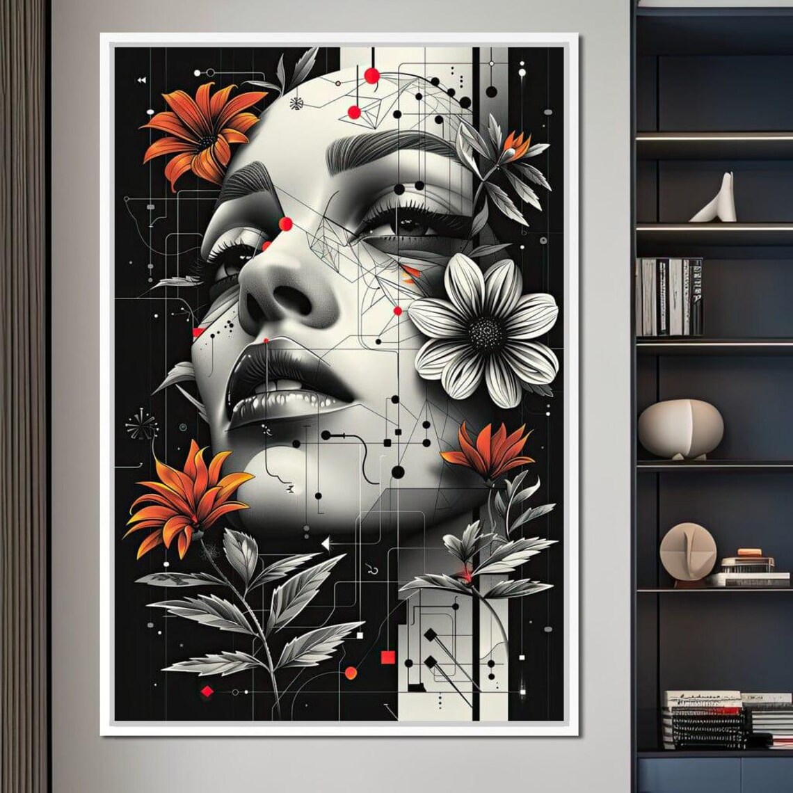 Futuristic Woman Portrait Orange Floral Geometric Black Wall Art - Image 3