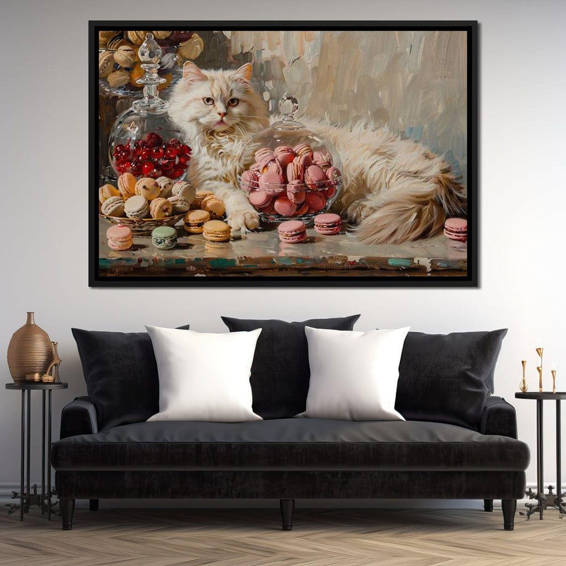 White Fluffy Cat Among Macarons And Sweets Still Life Art Poster - Image 4