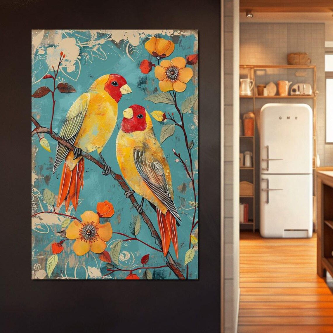 Colorful Red Headed Parrots Pair Teal Floral Bird Art Wall Poster - Image 4