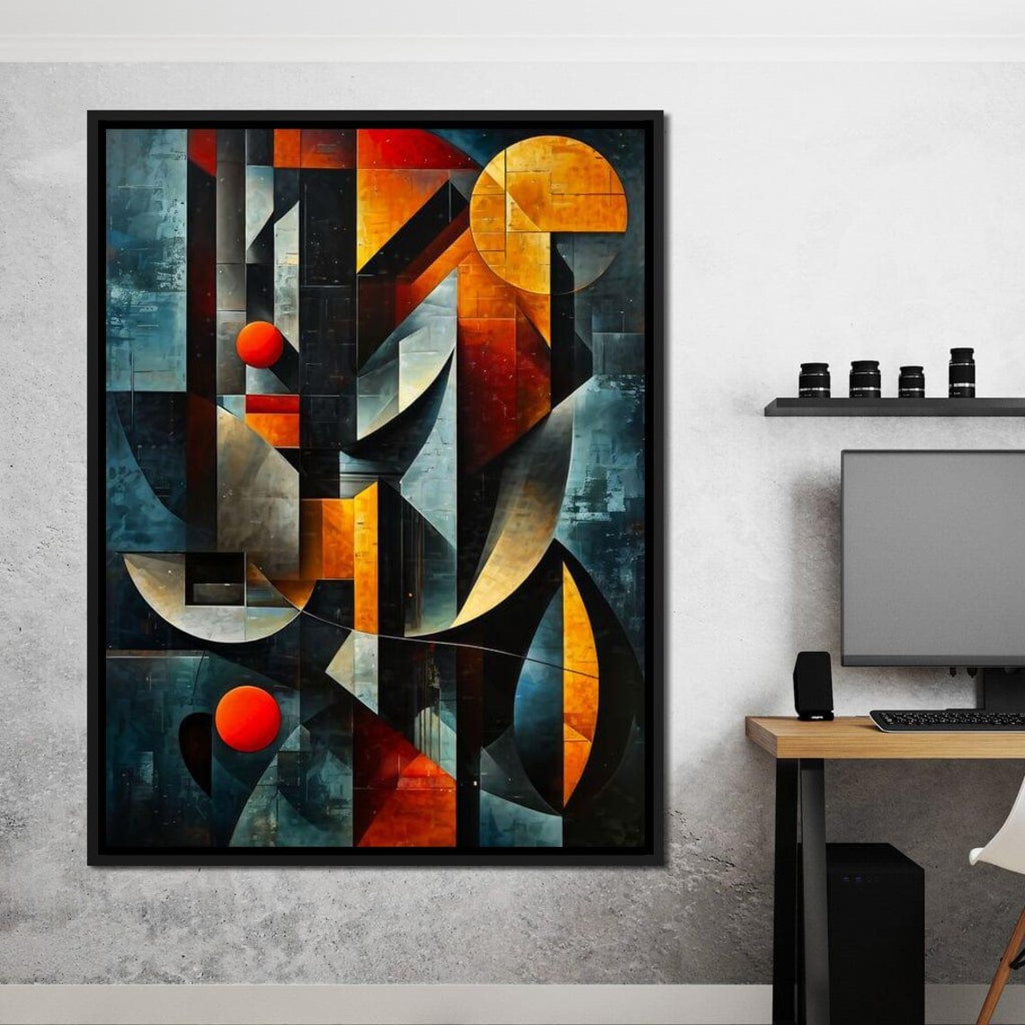 Cubist Abstract Orange Sun Spheres Dark Blue Grey Geometric Art Poster - Image 3