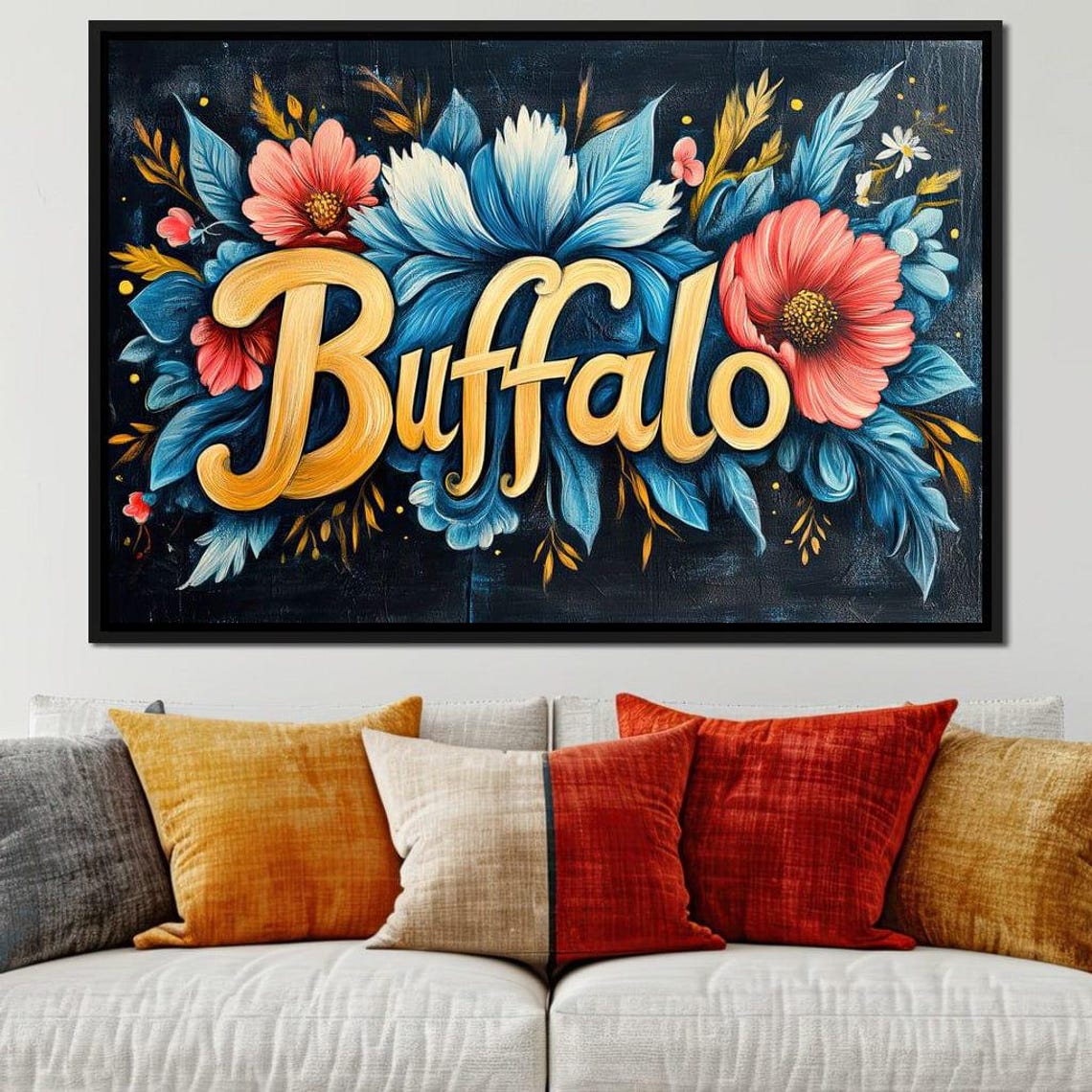 Buffalo Gold Script Blue Coral Floral Botanical Typography Art Poster