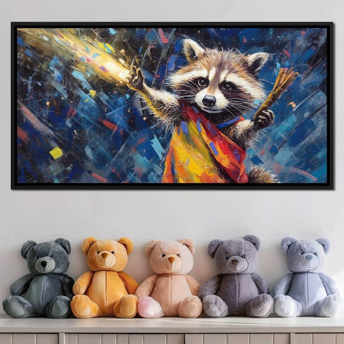 Raccoon Holding Sparklers Colorful Night Sky Whimsical Kids Room Poster - Image 2