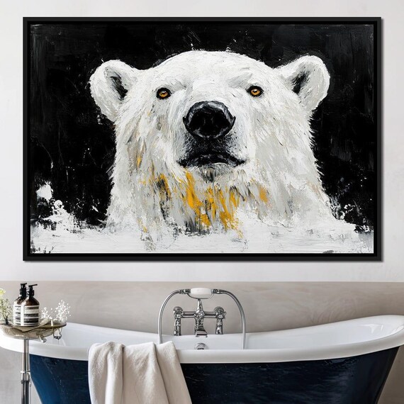 Polar Bear Face Black Background Impasto White Arctic Wildlife Art Poster