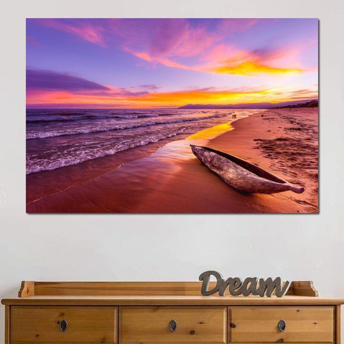 Lake Malawi Beach Sunset Purple Orange Sky Wooden Canoe Travel Poster - Image 4