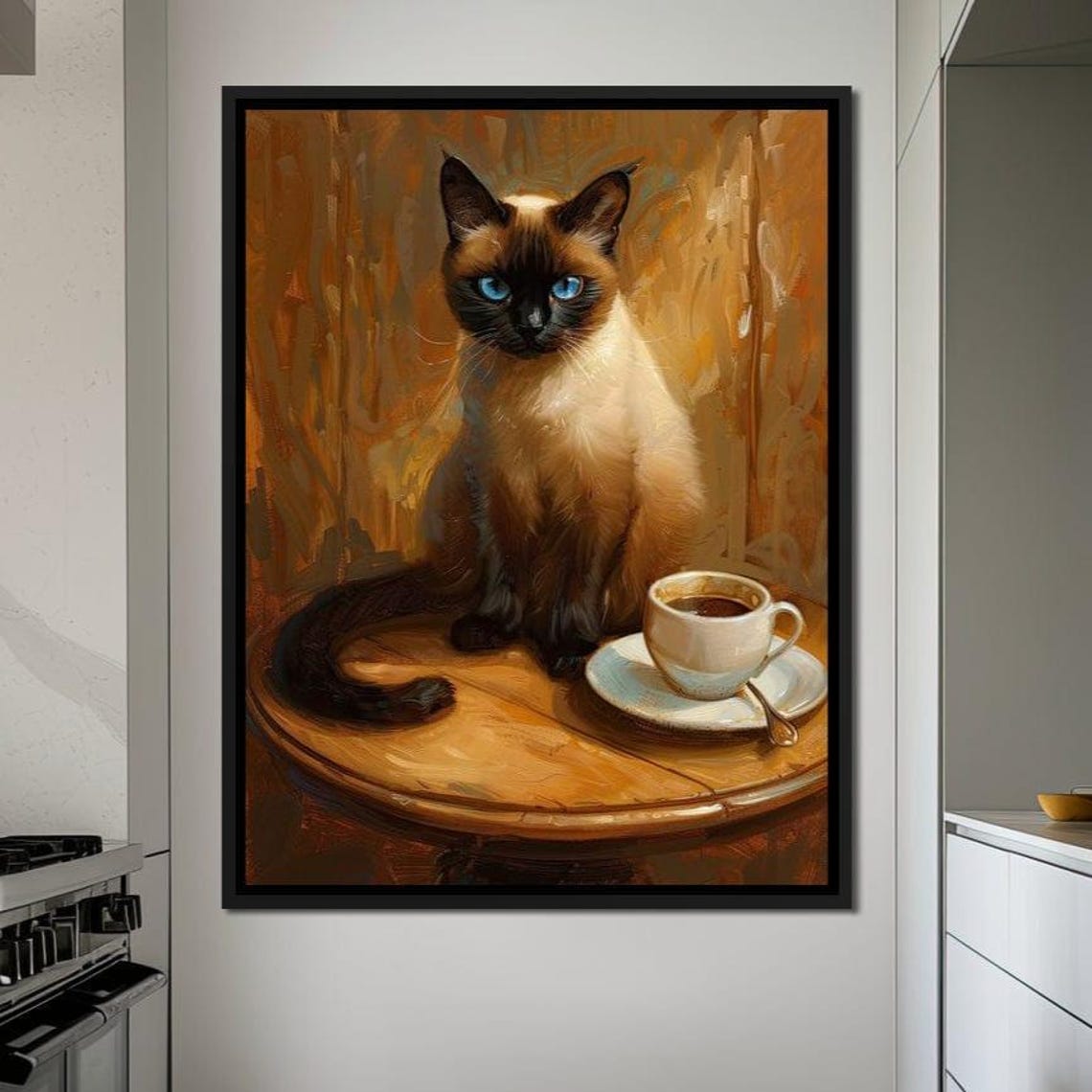 Siamese Cat Coffee Cup Cozy Portrait Blue Eyes Relaxed Wall Art