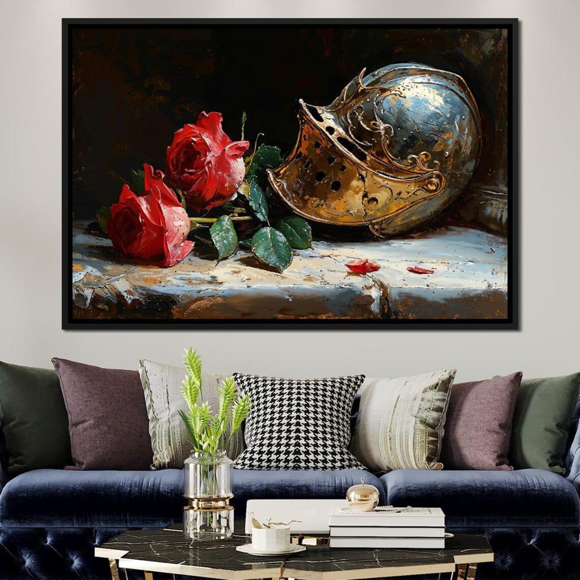 Red Roses And Knight Helmet Baroque Oil Still Life Wall Art Poster - Image 4