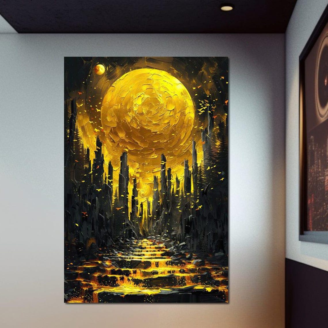 Golden Moon Dark Fantasy Landscape Monoliths Mystical Surreal Poster - Image 3