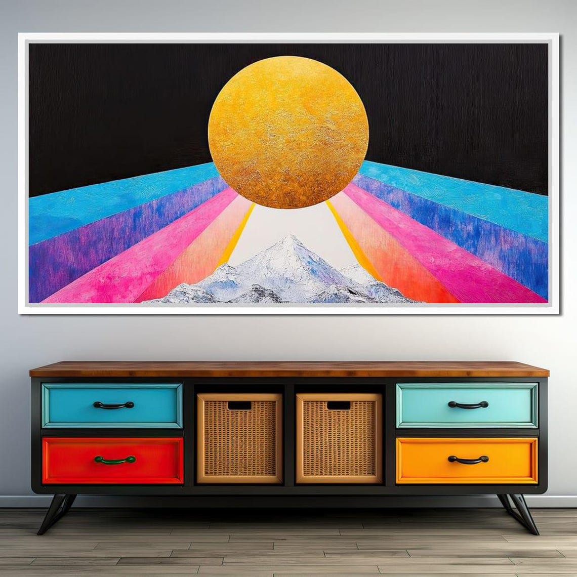 Golden Sun Snow Peak Rainbow Rays Abstract Geometric Mountain Print - Image 2