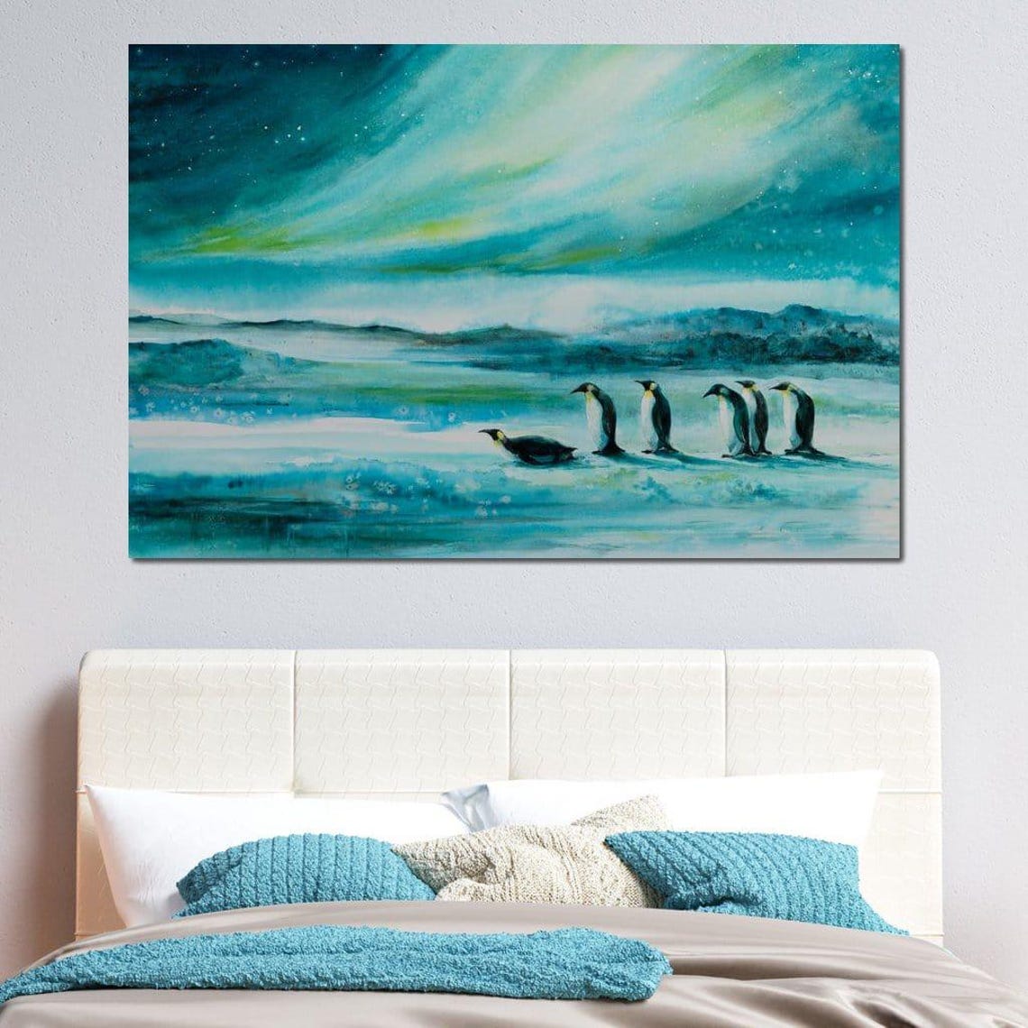 Penguins Under Aurora Borealis Arctic Night Sky Wildlife Wall Art - Image 2