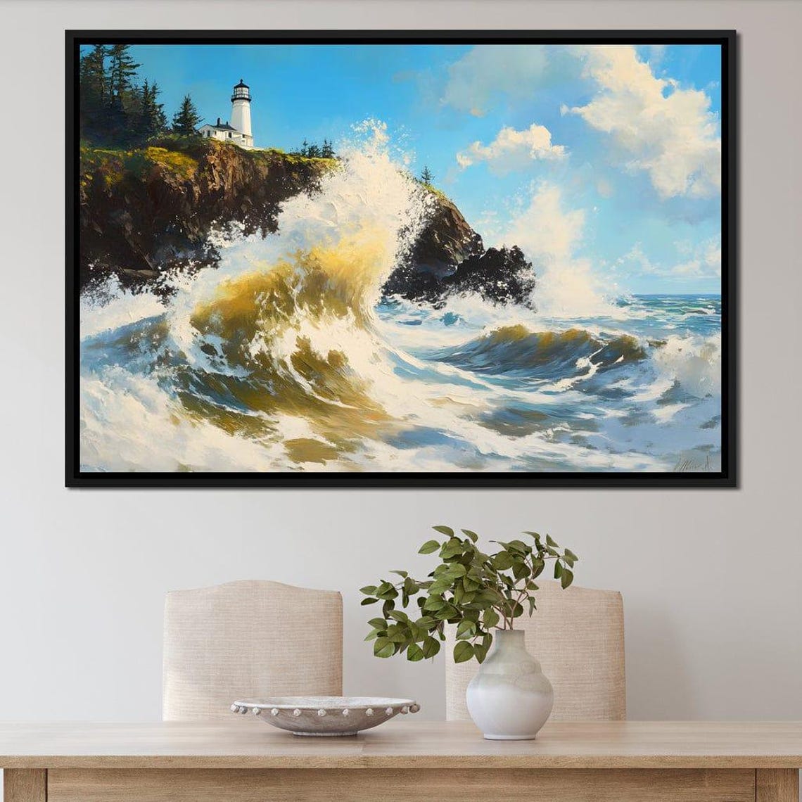 Crashing Waves Against a Cliffside Lighthouse Dramatic Coastal Poster