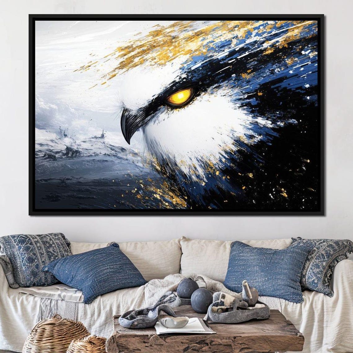 Golden Eagle Head Close Up White Feathers Navy Gold Art Poster