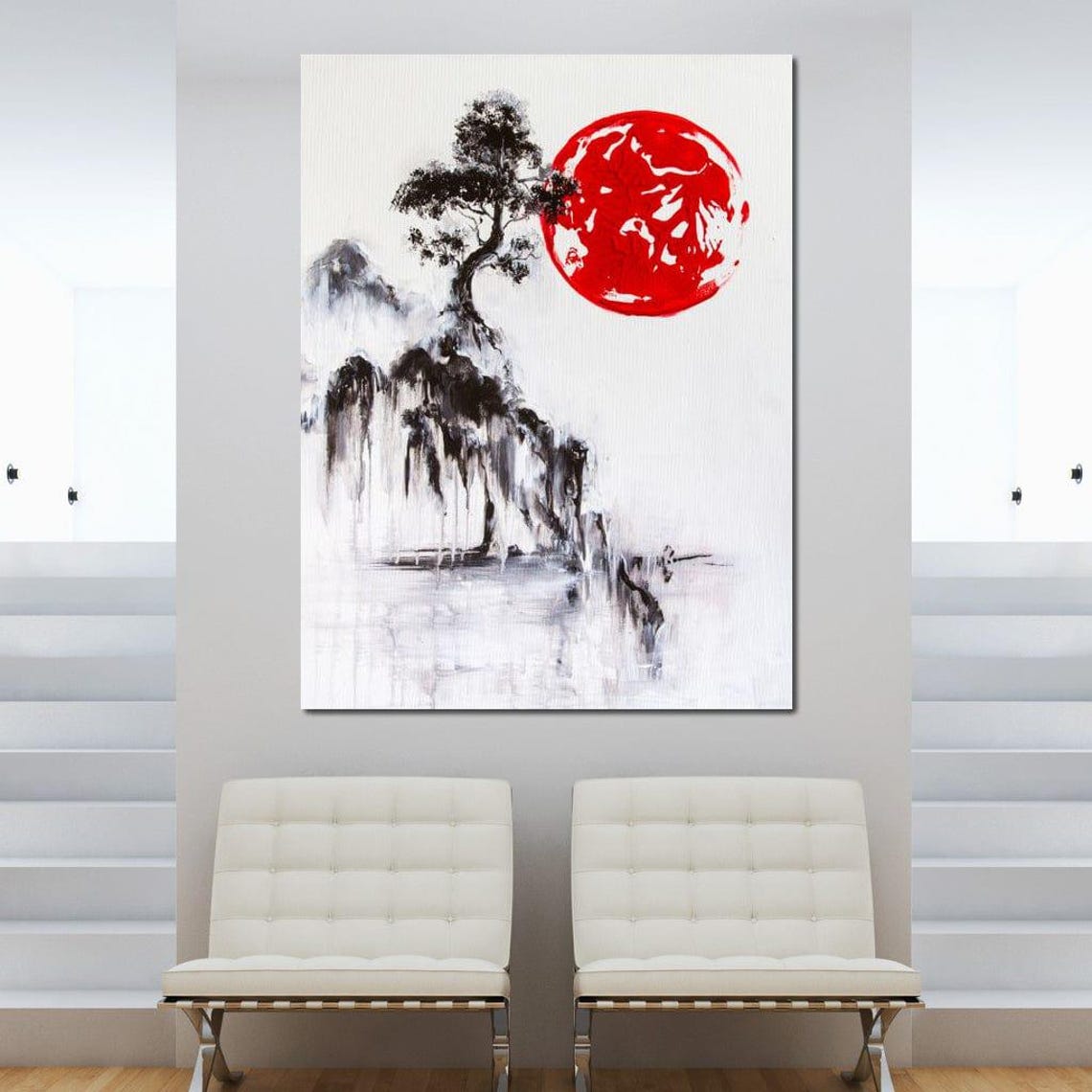 Japanese Pine Tree Black Ink Red Sun Minimalist Zen Style Wall Art - Image 3