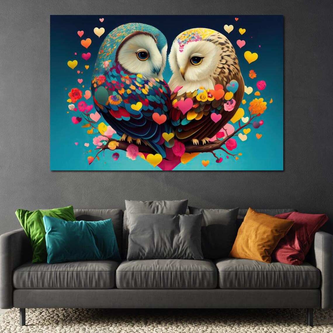 Romantic Colorful Owl Couple Hearts Whimsical Love Bird Art Poster - Image 2