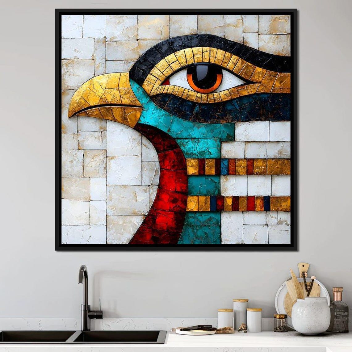 Eye Of Horus Falcon Mosaic Gold Turquoise Egyptian Framed Wall Art - Image 2