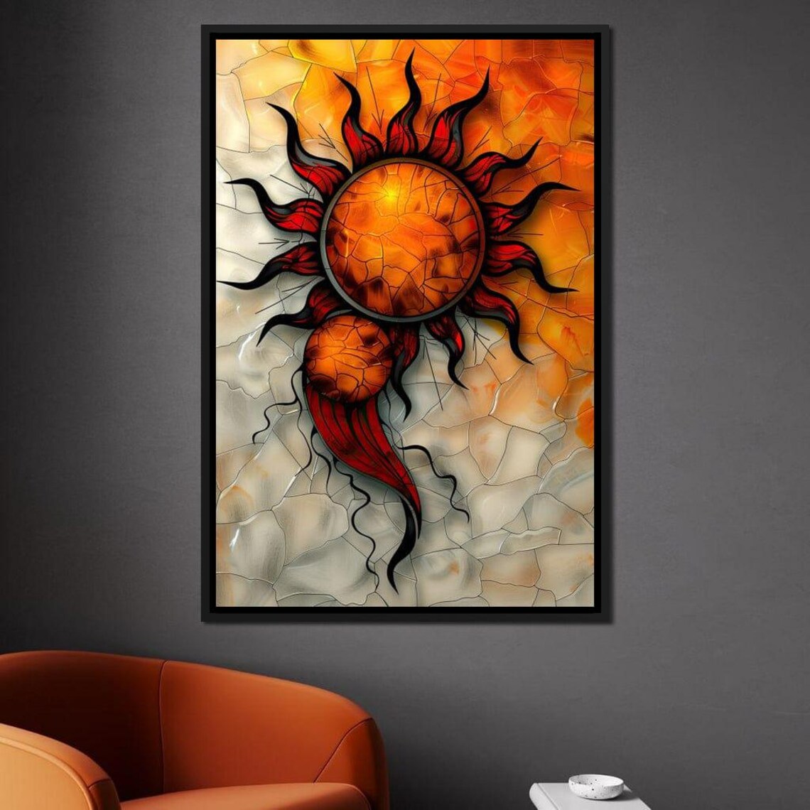 Blazing Crackled Sun Stained Glass Orange Radiant Wall Art Poster