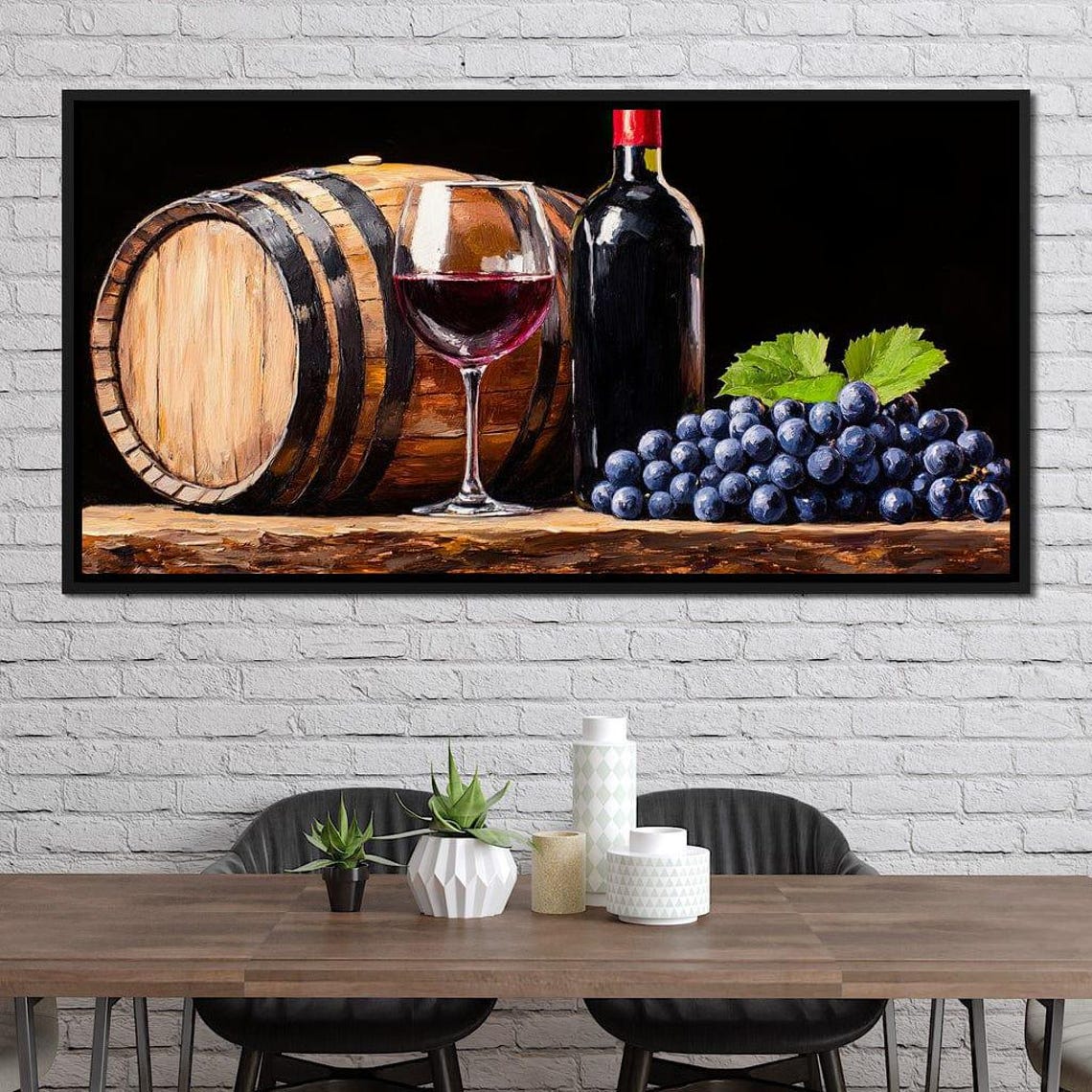 Vintage Vino Wine Barrel Bottle Glass Dark Grapes Rustic Art Poster - Image 3