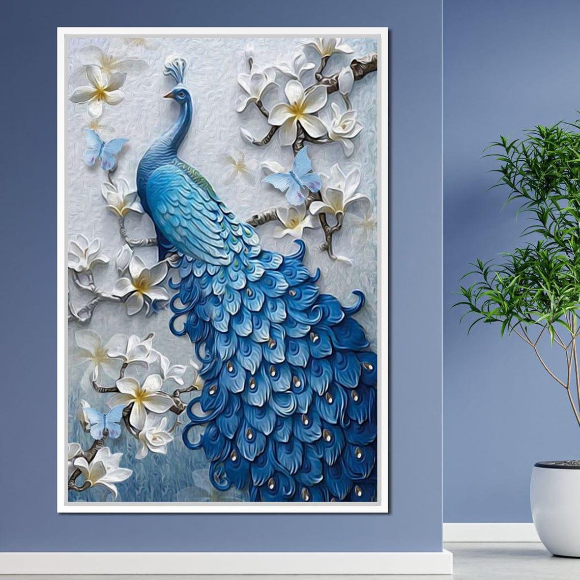 Blue Peacock 3D Embossed White Flowers Relief Elegant Bird Wall Art