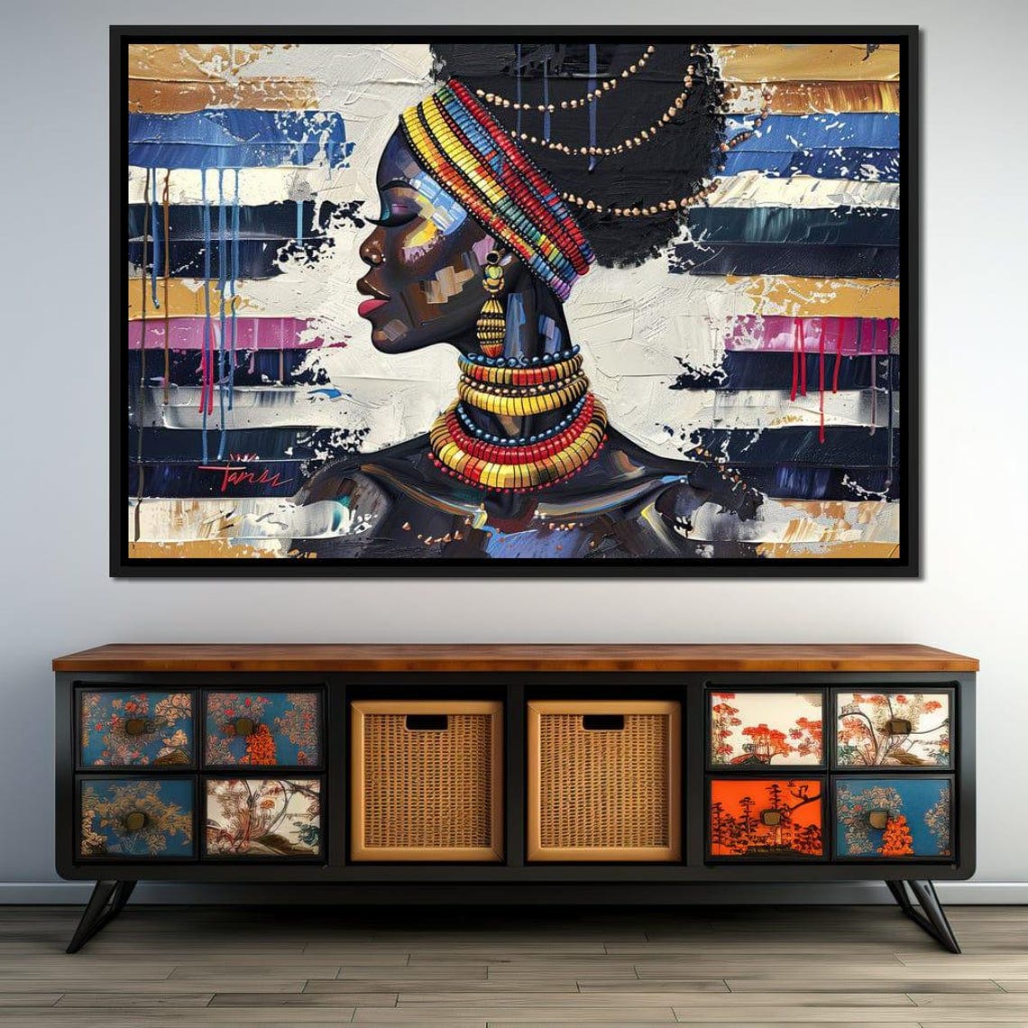 African Woman Striped Headwrap Beaded Necklaces Profile Wall Art