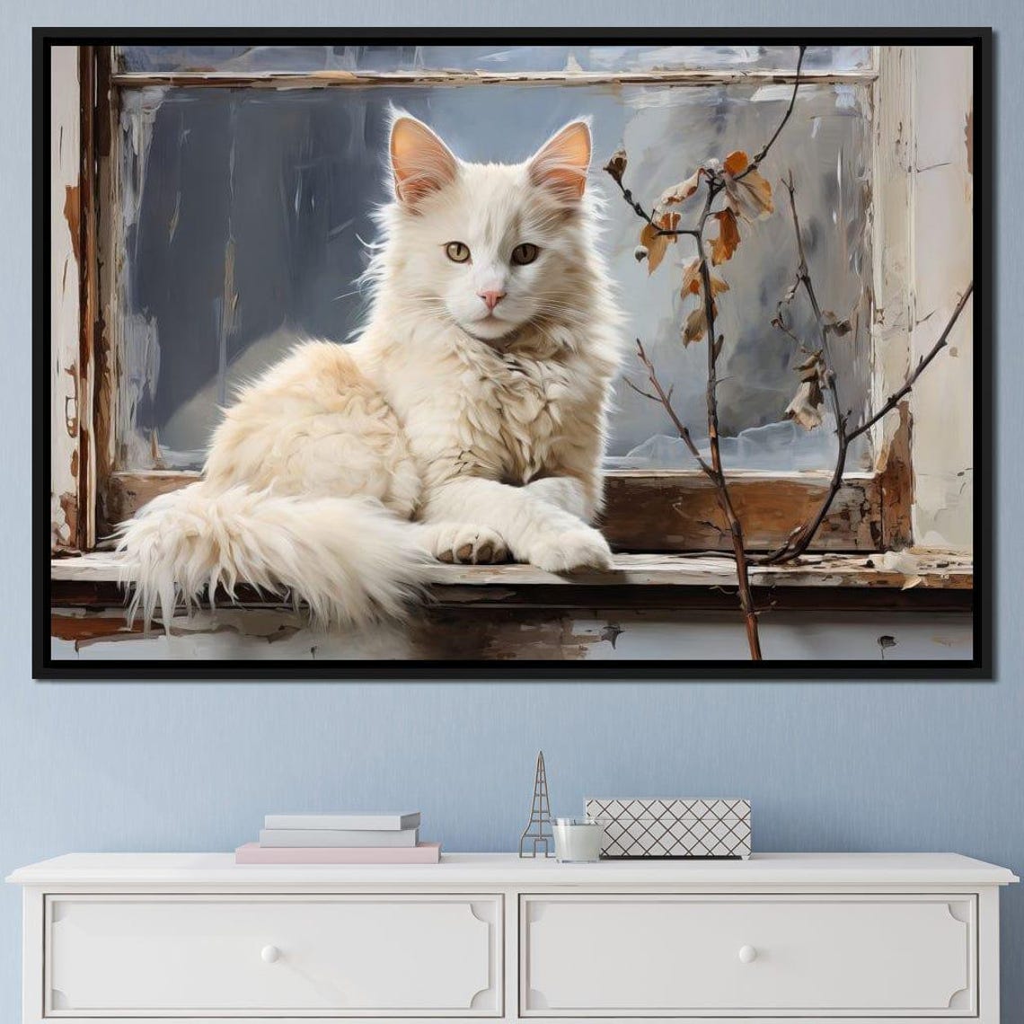 White Cat Serene Long Haired Feline Rustic Window Sill Poster - Image 4