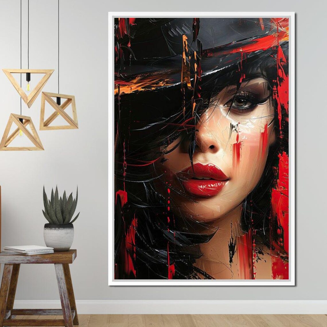 Modern Female Portrait with Big Hat, Red Accents Art Print - Image 3