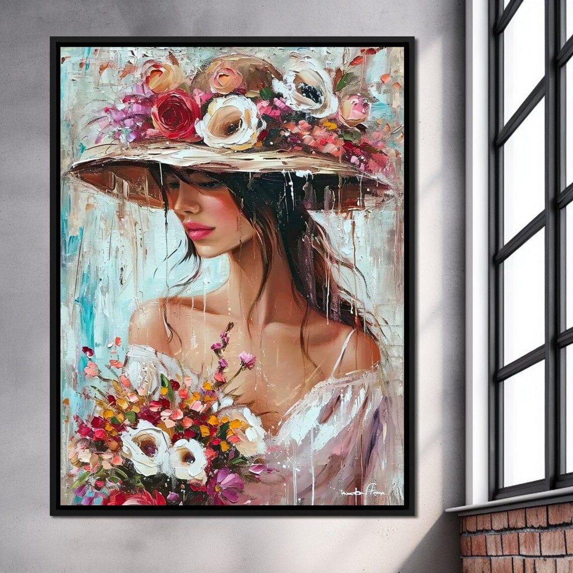Woman Floral Straw Hat Roses Bouquet Impressionist Oil Painting Print