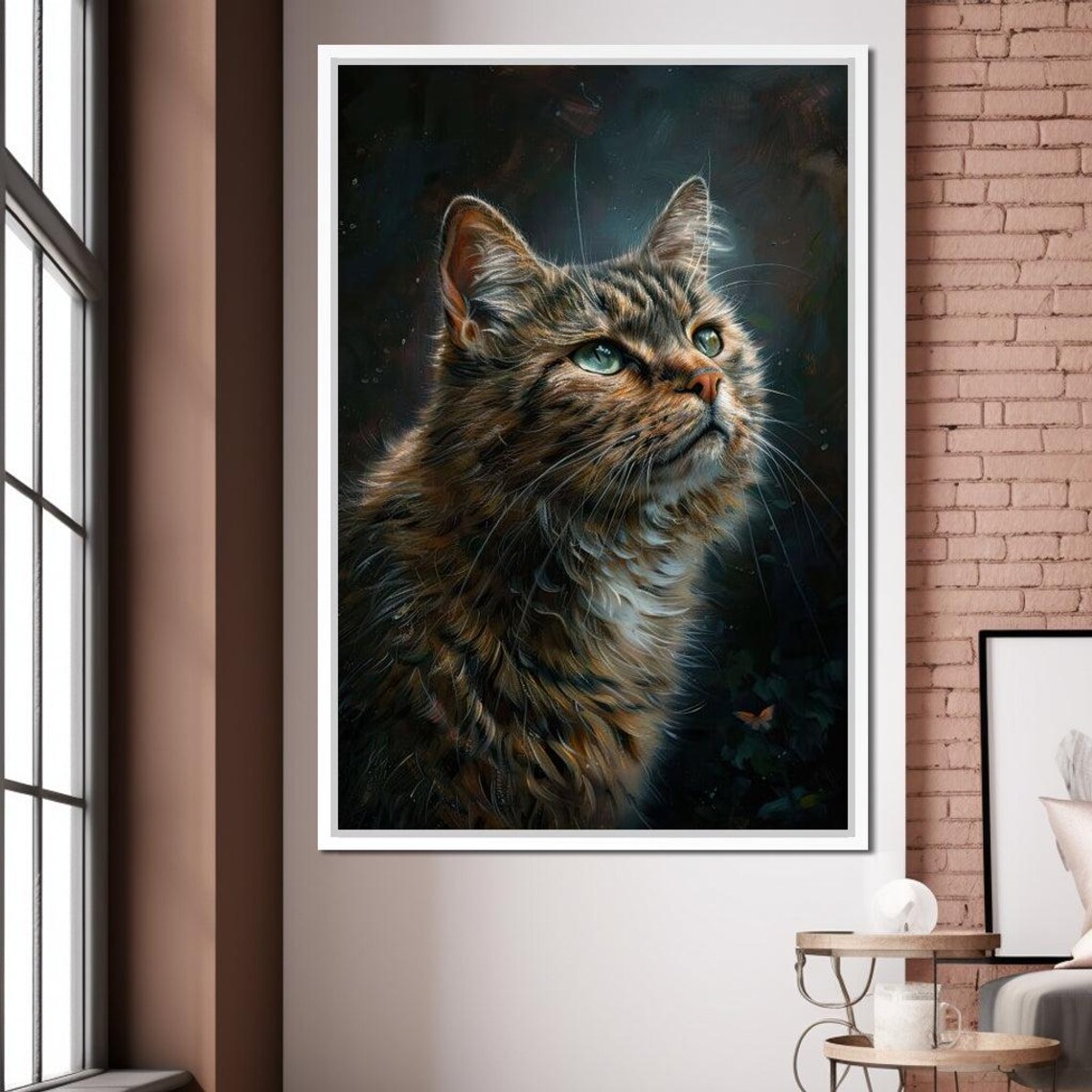 Tabby Cat Green Eyes Portrait Long Haired Kitty Dark Painterly Wall Art - Image 2